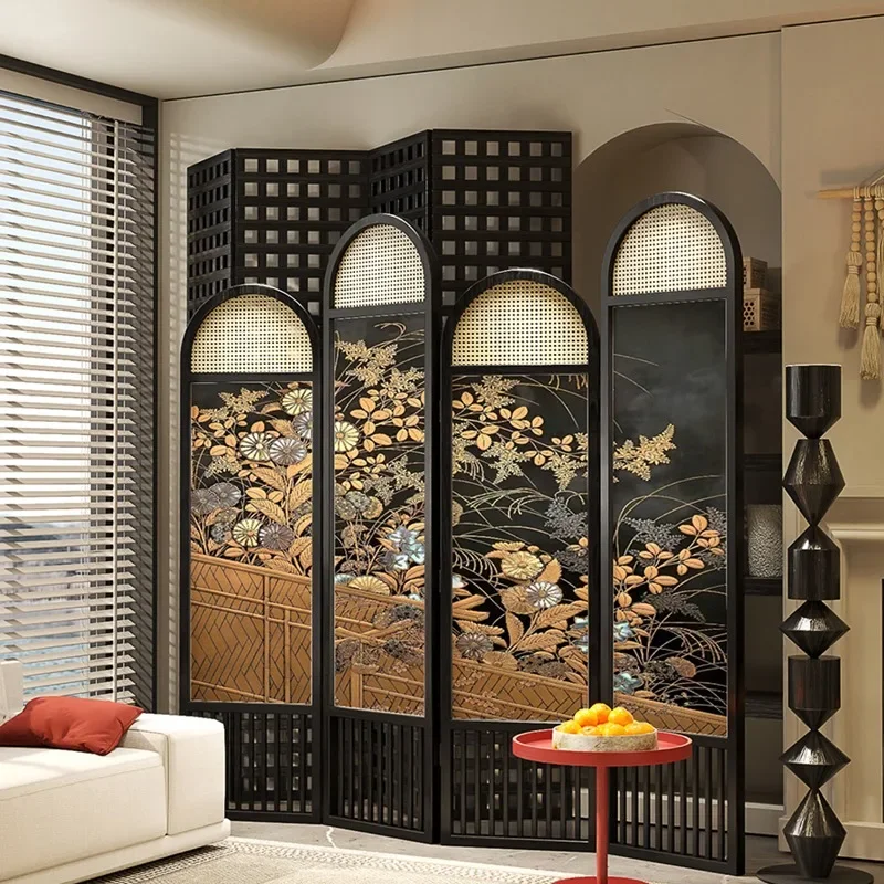 French Retro Rattan Screen Partition Solid Wood Folding Room Divider Antique Background Wall Bedroom Decor Living Room Occlus
