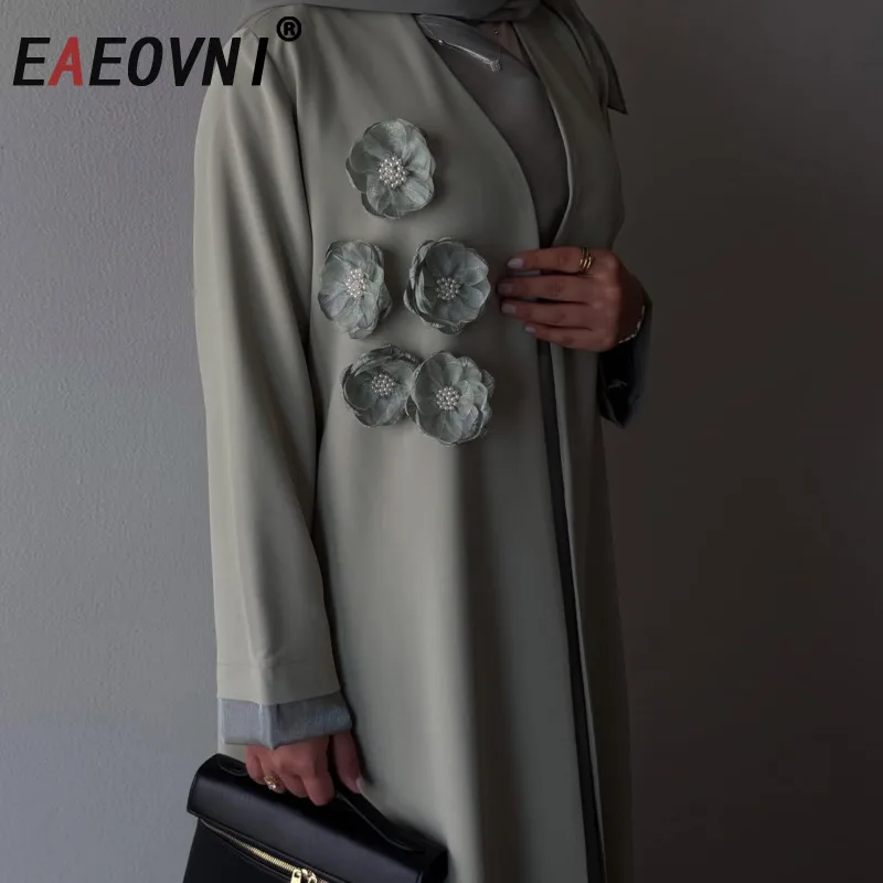 

EAEOVNI 3D Flower Spliced Design Abaya Coat For Women Elegant V Neck Solid Color Party Long Jacket Fashion 2025 New Clothing