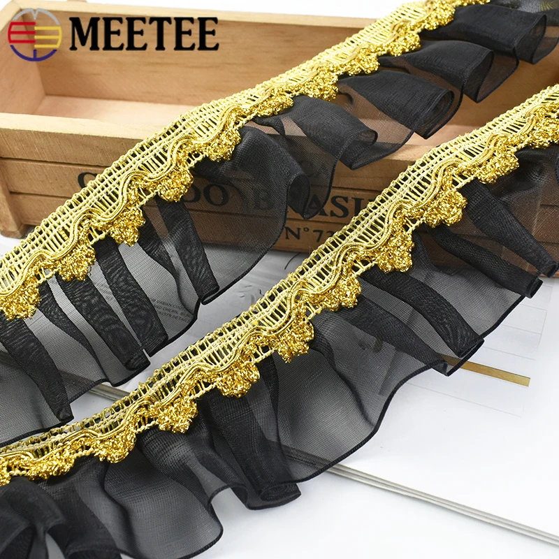 2/5/10Yards 5cm Golden Line Lace Trim Fabric Pleated Embroider Ribbon DIY Sewing Dress Edge Clothes Decor Accessories Material