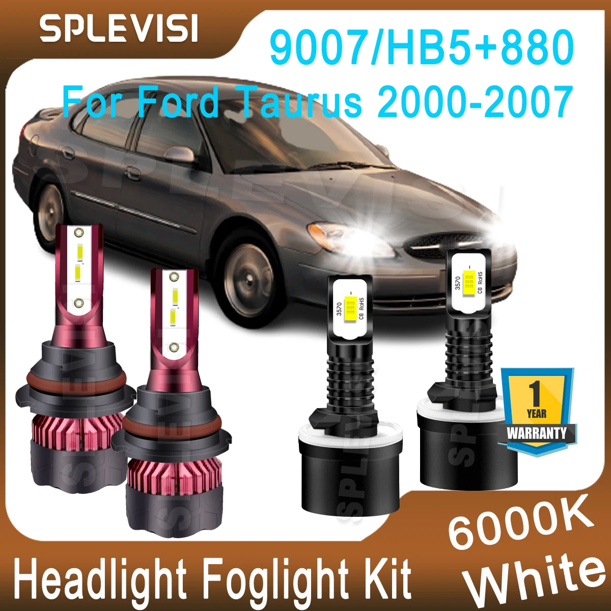 

360° Luminescence LED Headlight Hi Low Beam 9007/HB5 Foglight 880 White For Ford Taurus 2000 2001 2002 2003 2004 2005 2006 2007