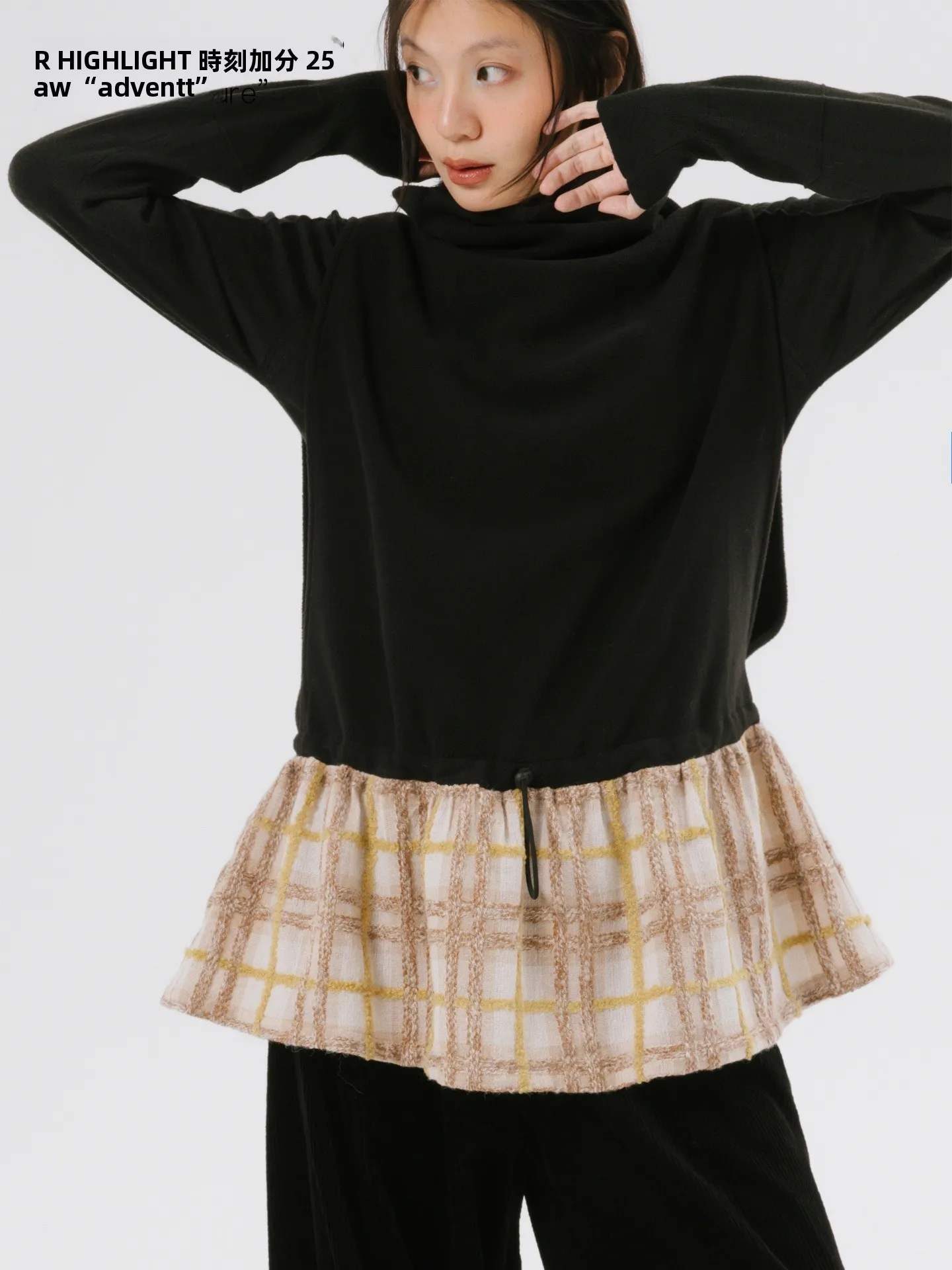 

Mixed Media Plaid Game Vest Skirt Wool Fleece Patchwork Ladies Fashionable Commute Style High Collar Sleeveless Winter Dress