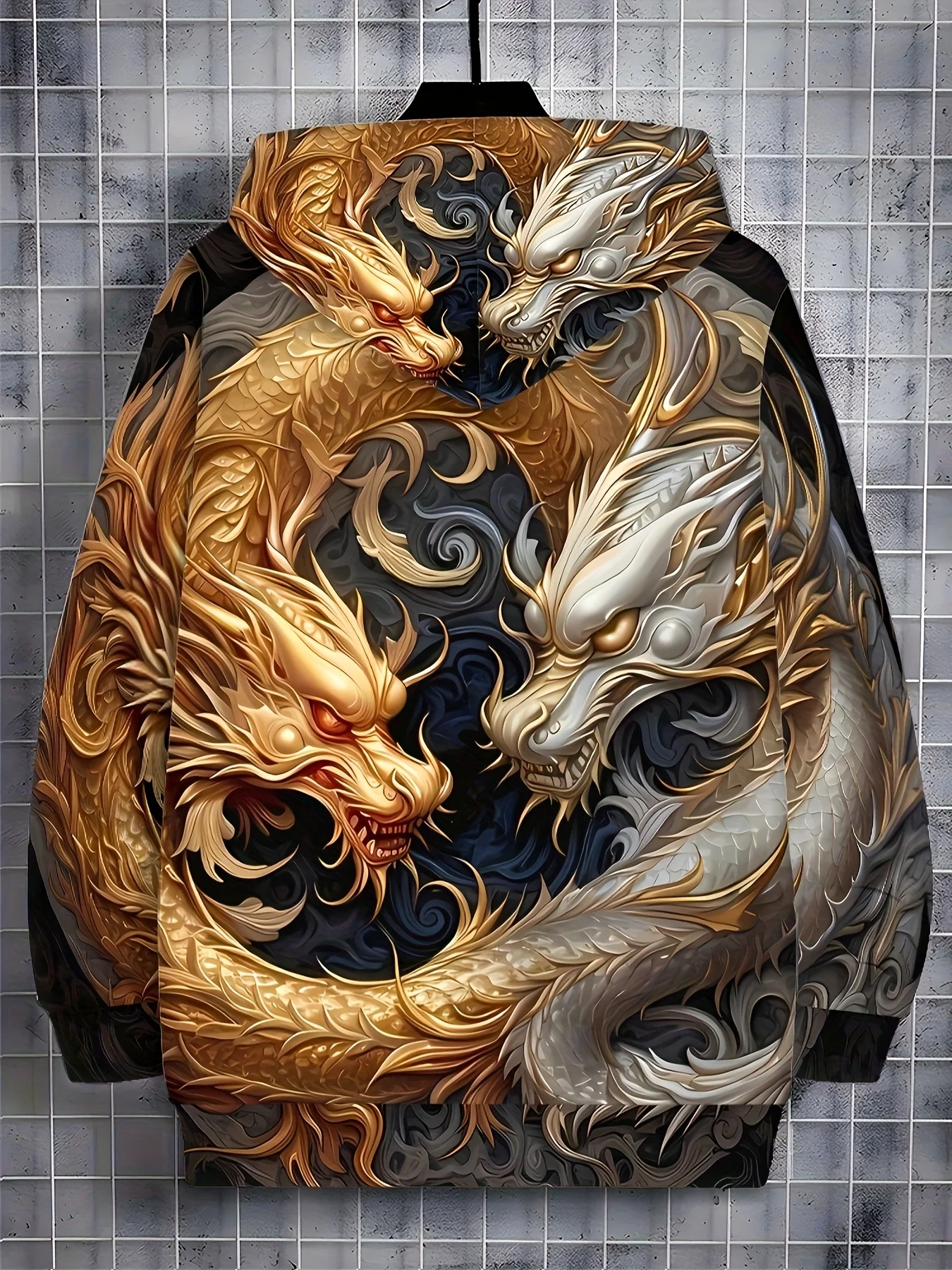 Moletom masculino com zíper de manga comprida com estampa de dragão dourado e nuvem branca, jaqueta casual outono inverno ao ar livre, cordão e bolso