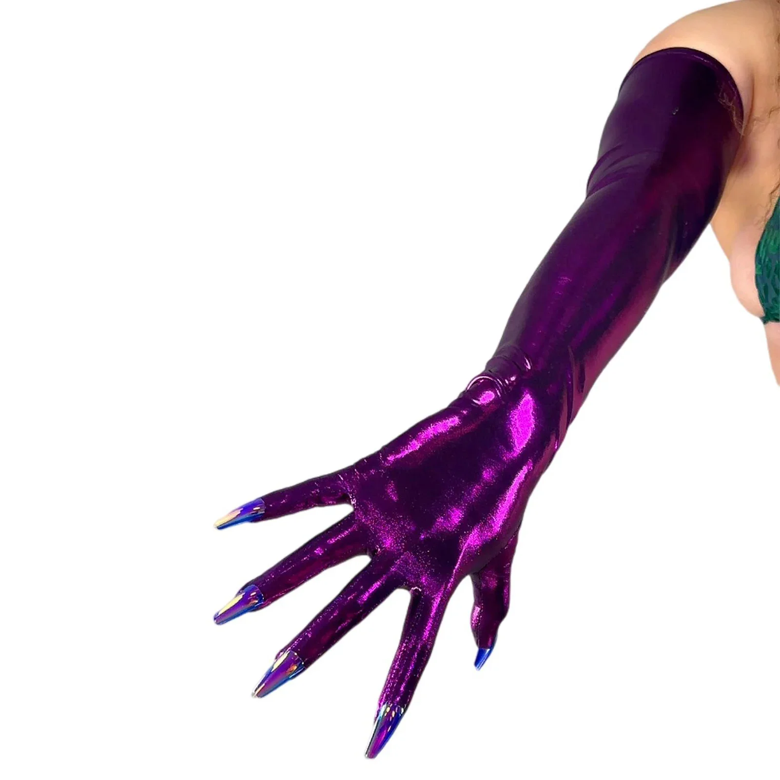 

DooWay Purple Metallic NAIL GLOVES TECH Thin 70CM Long Elastic Liquid Shine Halloween Costume Cosplay Opera Glove with Nails