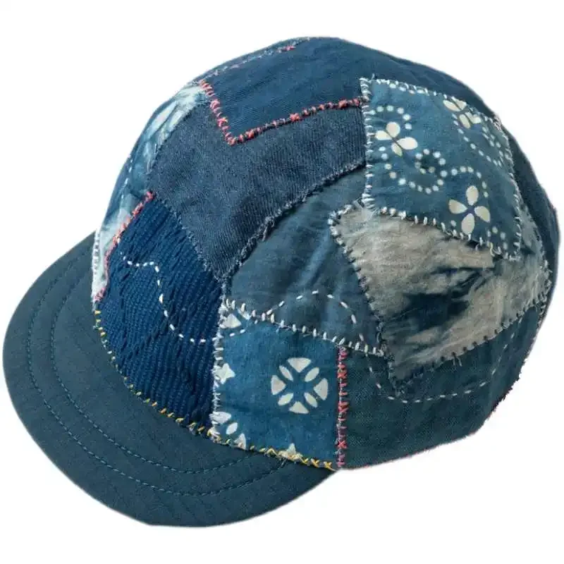 New Arrival Handmade Blue Dye Patch Tattered Hand Embroidered Short Brimmed Duckbill Cap with Adjustable Size for Men and Women