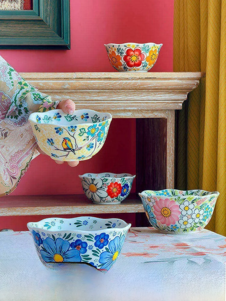 

Ele Cerc Rice Bowl for Women Beautiful Dinnerware Small Bowl Sli Floral Pattern French Sle Underglaze Crt