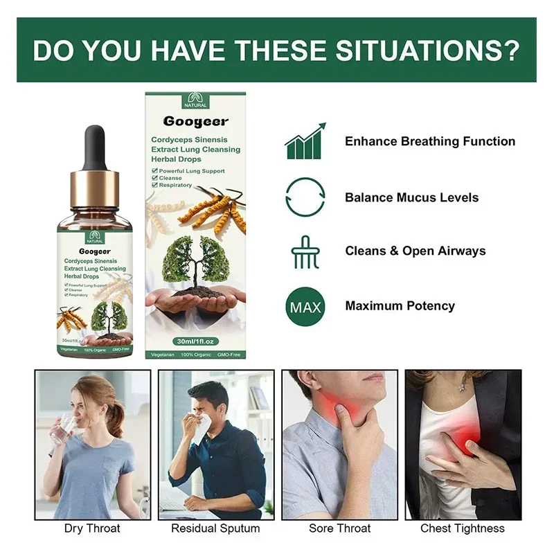 Lung Cleanse Drops Herbal Extract Cleaner Respiratory System Health Support Lungs Breath Detox Lung Cleaning Care 30ml