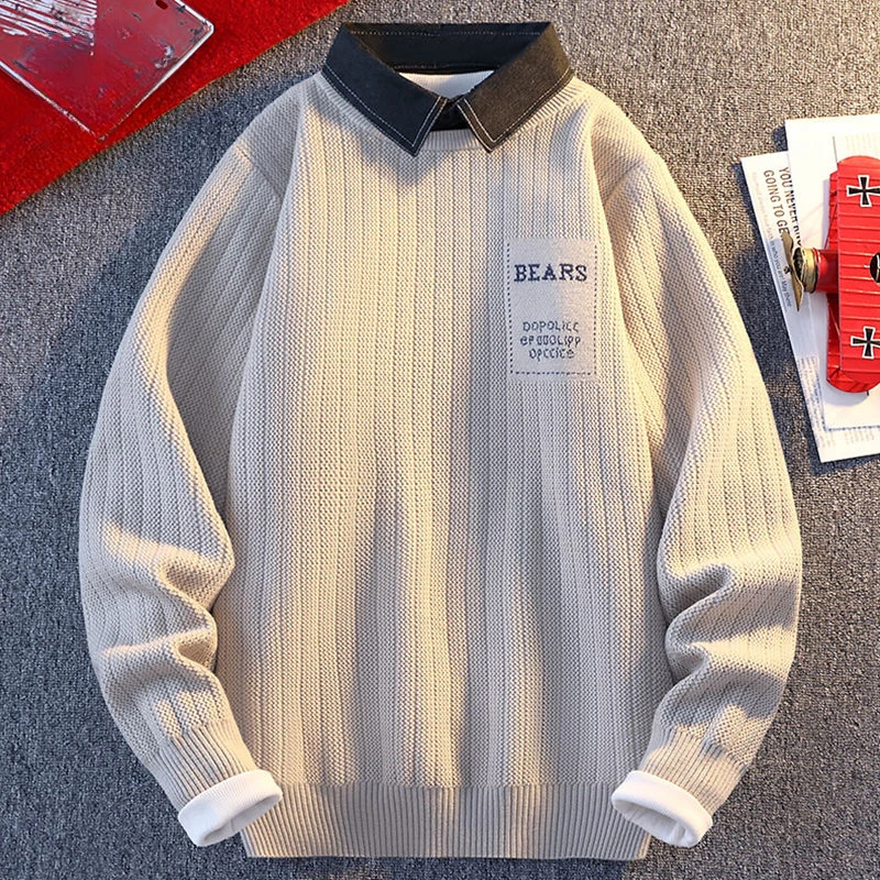 

Autumn and Winter Mens Sweater Pullover Hong Kong Style Solid Color Patch Two Fake Pieces Shirt Collar Keep Warm Base Knitted