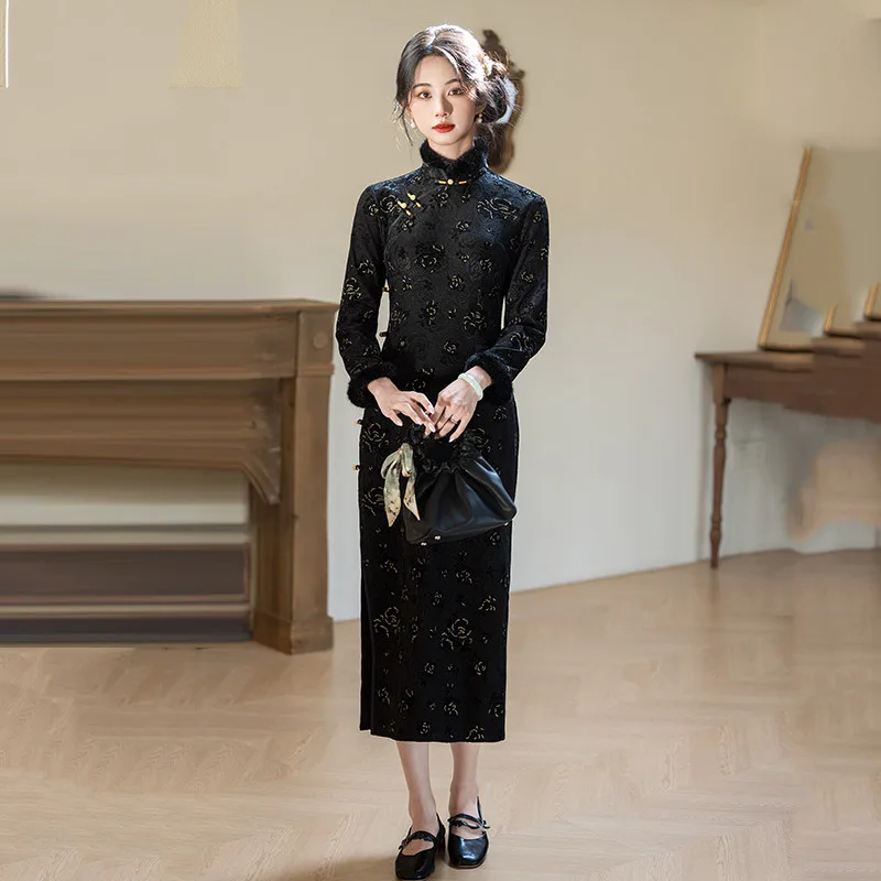 

Утолщенное женское платье Cheongsam на осень-зиму для молодых, высококачественное темпераментное ретро новое улучшенное платье в китайском стиле Qipao