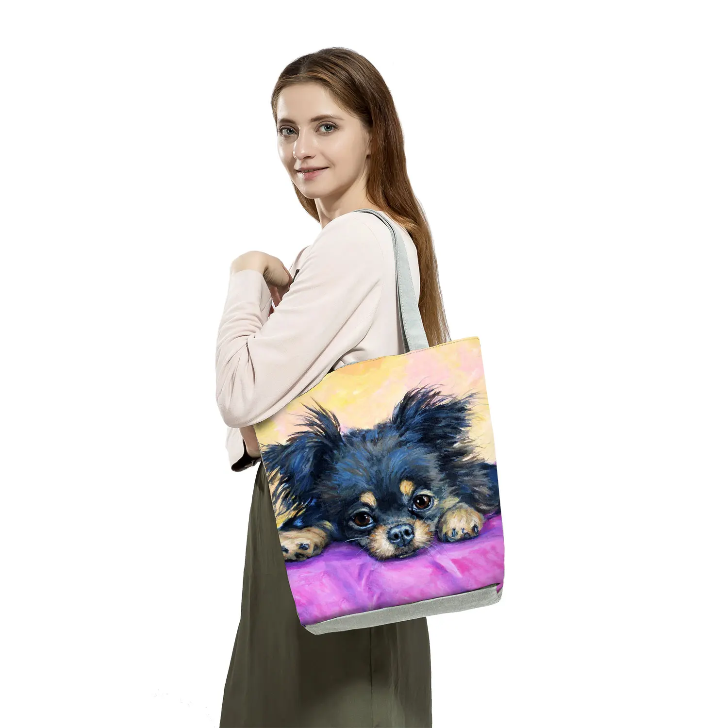 Shoulder Bags Groceries Cartoon Animal Dog Cute Chihuahua Print Shopping Bags Large Capacity Women Handbags Foldable Tote Female