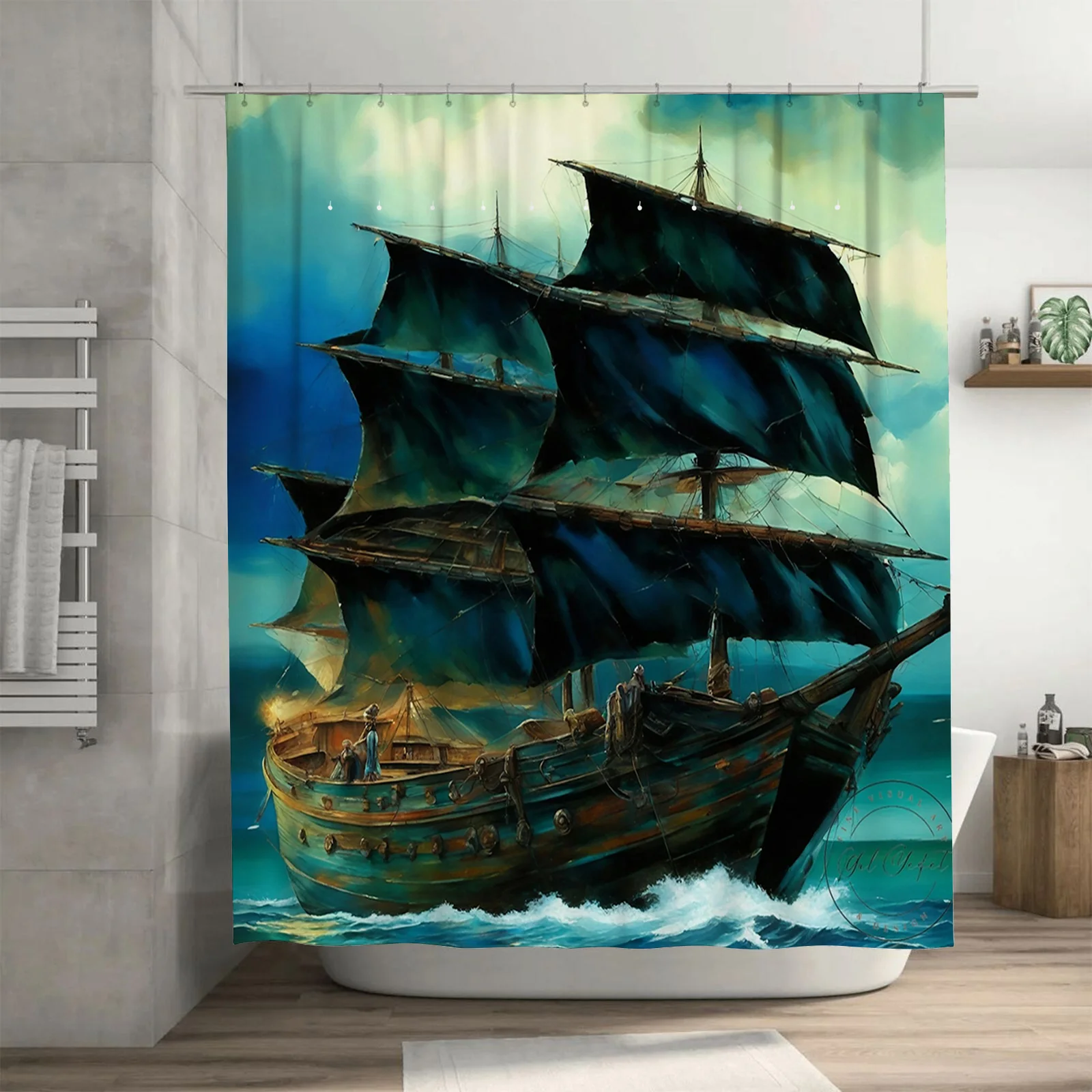 

Elegant Sailing Ship Waterproof Shower Curtain Brings Coastal Charm to Your Bathroom, Perfect for Ocean Lovers