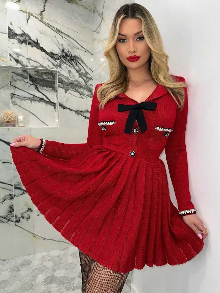 

Sweet Girl 3d Bow Contrasting Knitted A Line Mini Dress Elegant Lapel Long Sleeves Pleated Hem Dresses Autumn Lady Street Wear