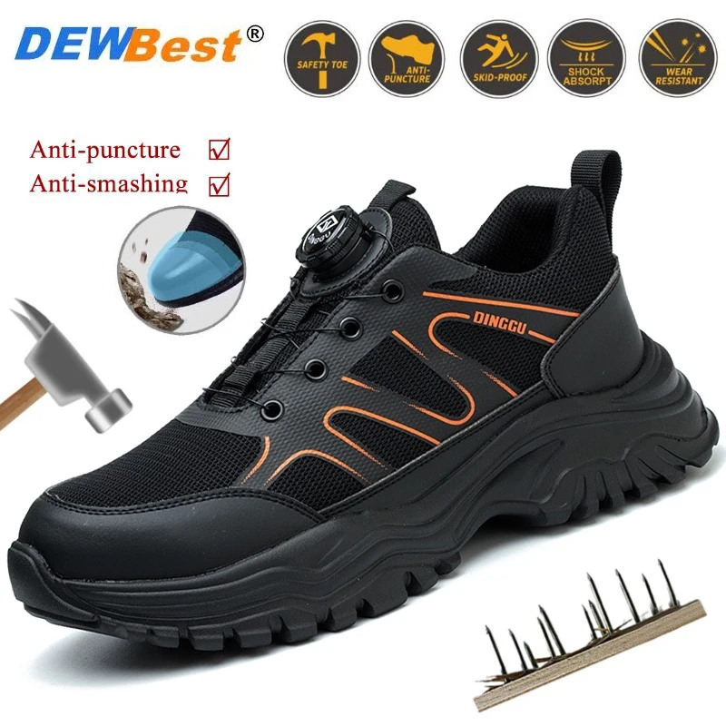 

New safety work shoes men's anti-smash anti-puncture lightweight button loafer lace-free work workwear protective shoes