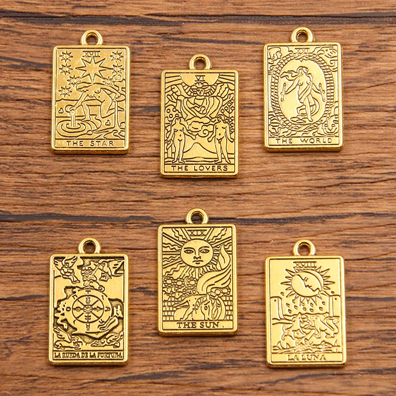 

12Pcs 14*23MM 6 Styles Antique Gold Tag Witch Divination Tarot Plated Double Side Pendant DIY Jewelry Handmade Accessories