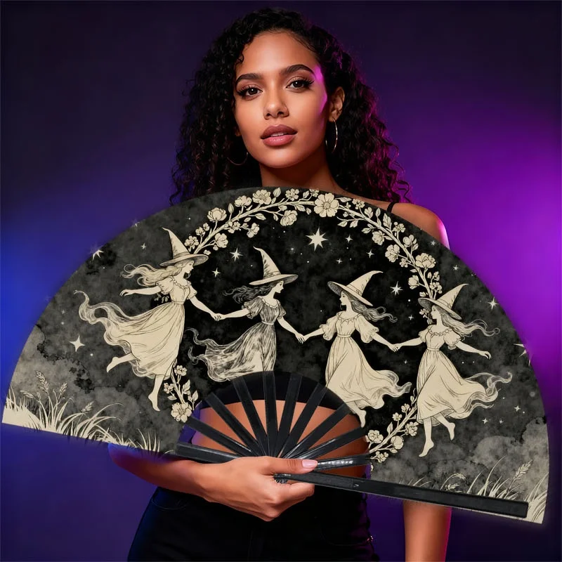 1pc Men's Handheld Fan with Whimsical Witch Dance Design (Four Women Dancing) - Lightweight Portable Cooling Fan Suitable for Daily Use, Outdoor Activities, Parties & Festivals - Stylish Accessory for Fashion-Forward Men