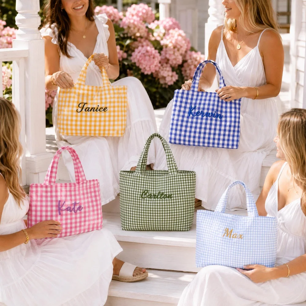 Personalized Custom Embroidered Name Gingham Tote Bag Bridesmaid Gift Reusable Plaid Handbag For Wedding Bridal Party Favors
