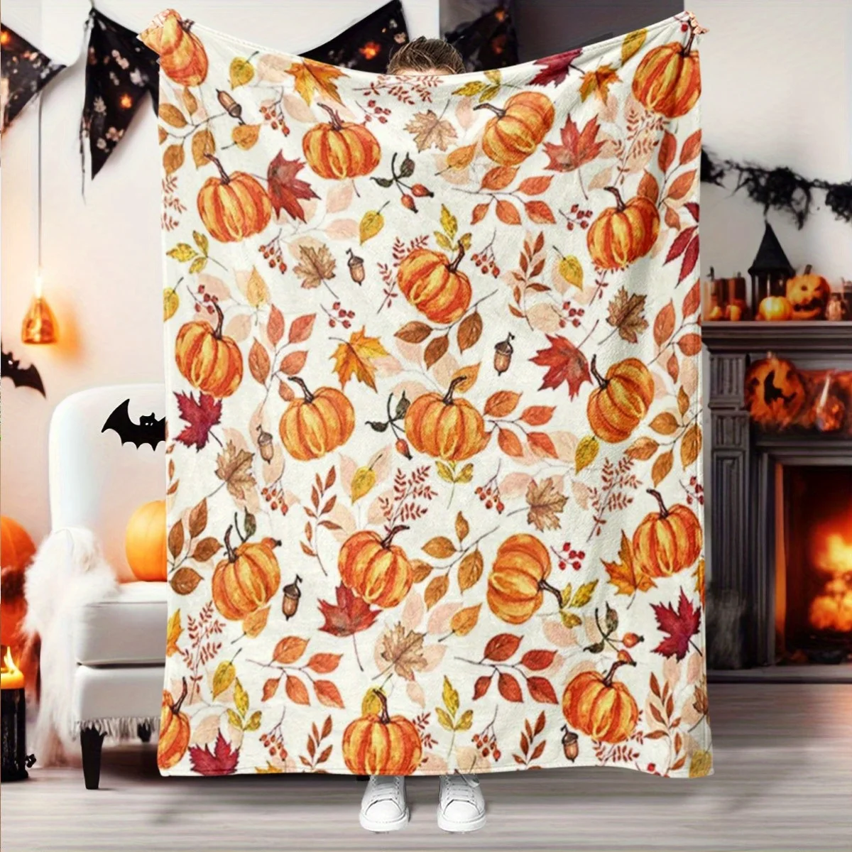 

1pc Autumn Fall Flannel Blanket, Pumpkin and Maple Leaf Design Cozy Lightweight for Couch, Bed, Camping, Gift for Thanksgiving
