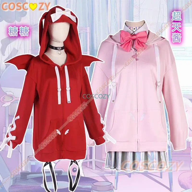 Game Needy Girl Overdose Kangle Ame Cosplay Costume Devil Demon Hooded Sweatshirt Angel Wing Cosplay Red Pink Skirt Wig Set