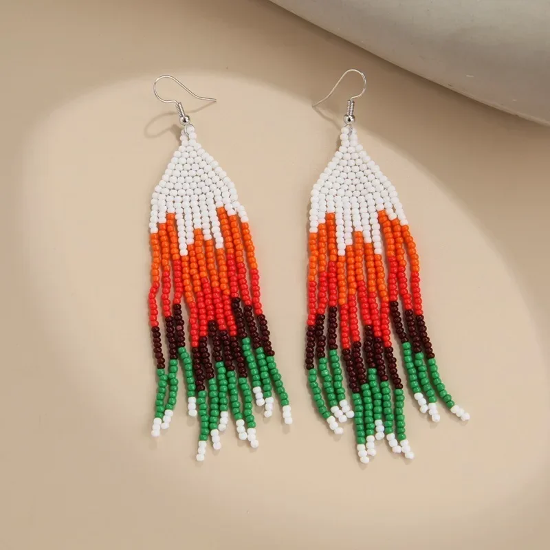 Rice bead earrings Tassel Rainbow Tree Design Originality Hand knitting Alloy Bohemia Alloy Fashion Simple Beaded earrings