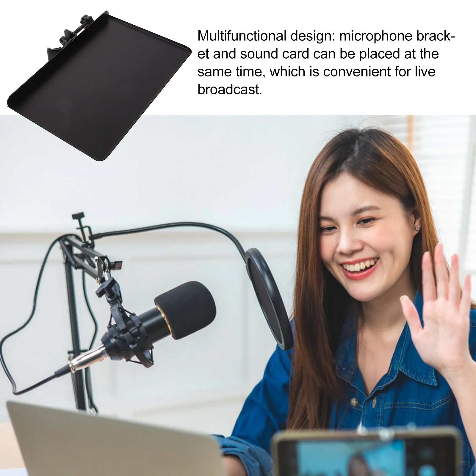 

Adjustable Iron Sound Card Tray Mic Cable Holder Microphone Stand Shelf Live Streaming Photography Support Bracket Accessory