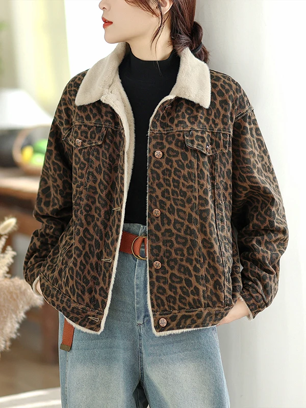 

Женское пальто Thiened Fce на подкладке, хлопковое пальто с леопардовым принтом, зимний теплый топ на пуговицах, длинный воротник све