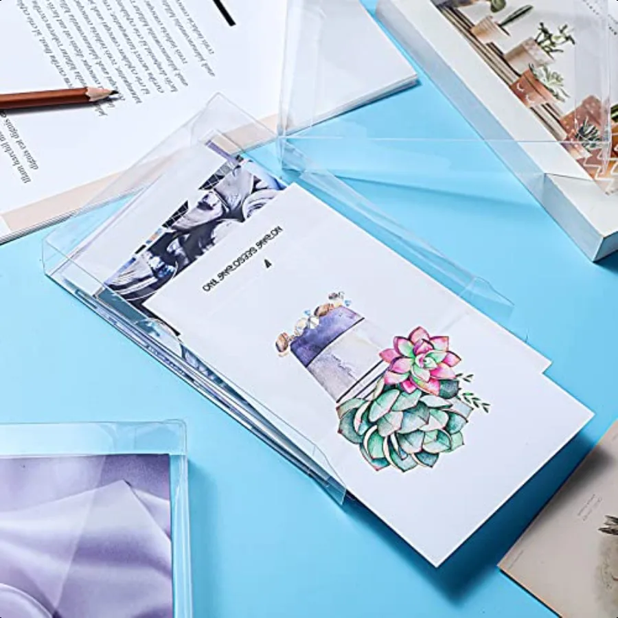 100 Pack Clear Plastic Gift Favors Boxes Transparent Crystal Photo Greeting Card Fold Wrap Boxes Case for A2 Paper Envelope Let