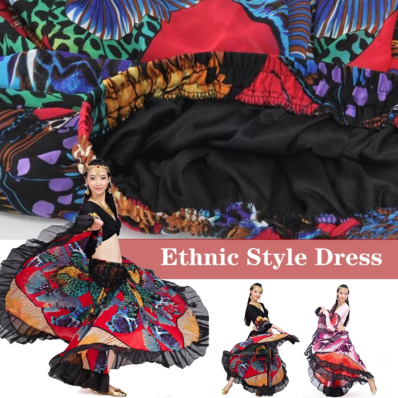 720 Degree Big Swing Flower Butterfly Printed Gypsy Skirt Belly Dance Costume Tribal Clothing Belly Dance Suit Flamenco Clothes