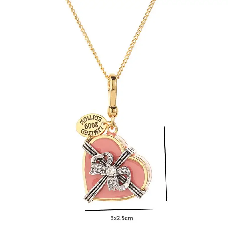 Fashion Romantic Zircon Bow Pink Openable Heart Pendant Necklace for Women Keychain Pendant Sweet Party Jewelry Halloween Gifts