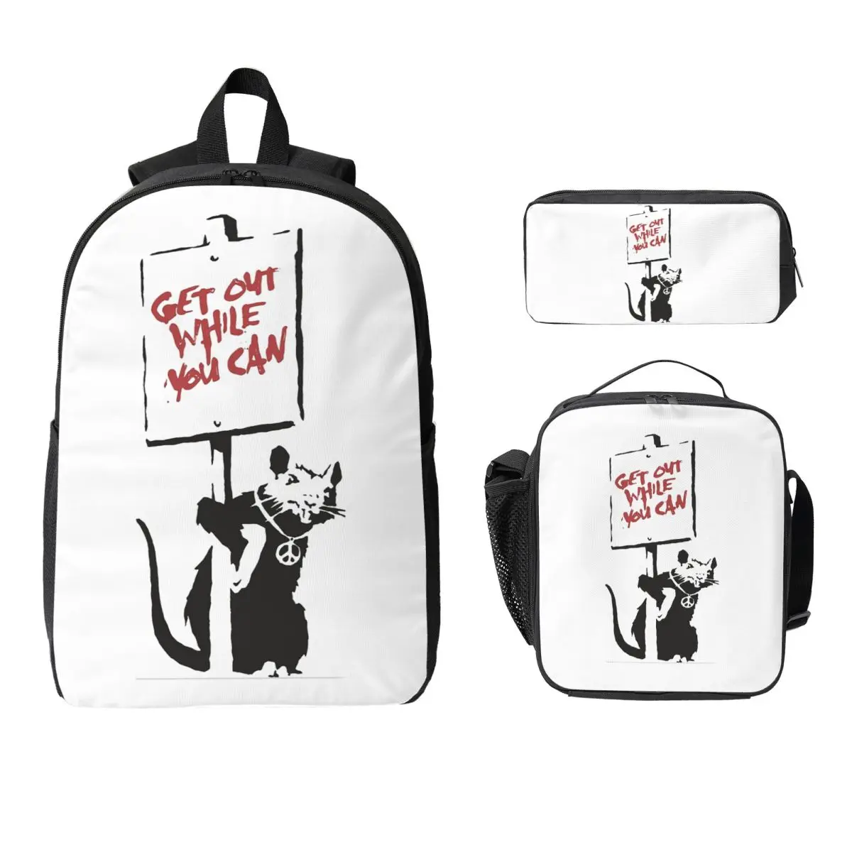 

Get Out While You Can Banksy Graffiti Backpack BookBag School Bag Computer Shoulder Bags 3ps Insulated Lunch Bag Pencil Case