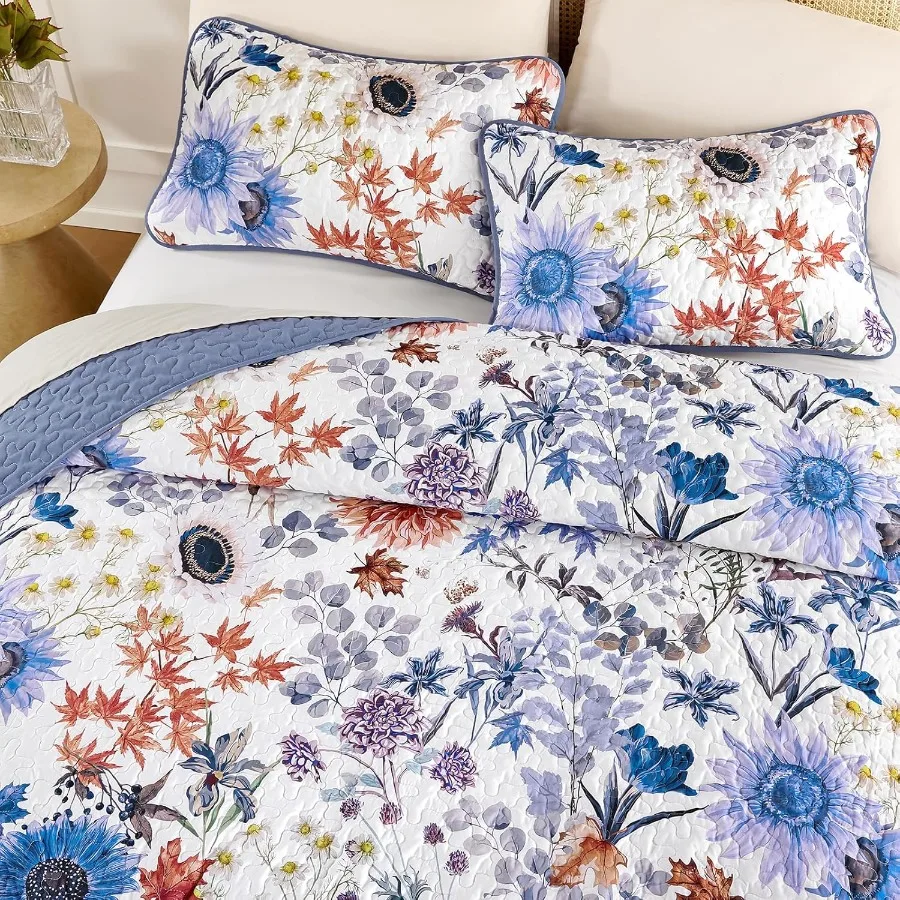 봄 여름 장식용 블루 플로럴 퀼트 세트 퀸 사이즈 부드럽고 가벼운 마이크로파이버 침대보와 베개 커버 2개 식물 무늬
