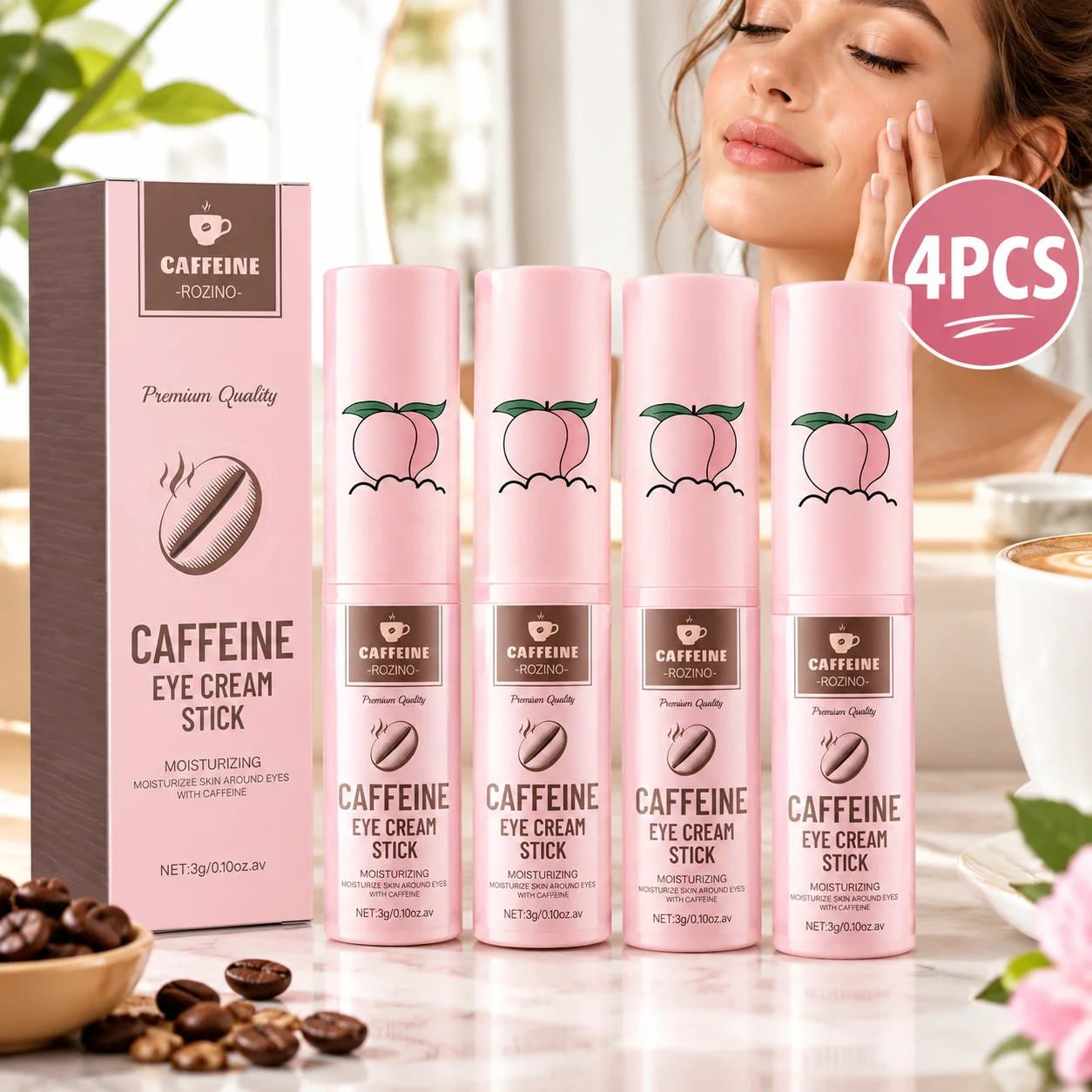 4PCS Caffeine Eye Cream Stick, Moisturizing Under Eye Care Balm, Portable Eye Cream Stick for Women, Lightweight Hydrating Eye Area Skincare, Smooth Glide Formula, Easy Daily Application, Travel Friendly Beauty Care