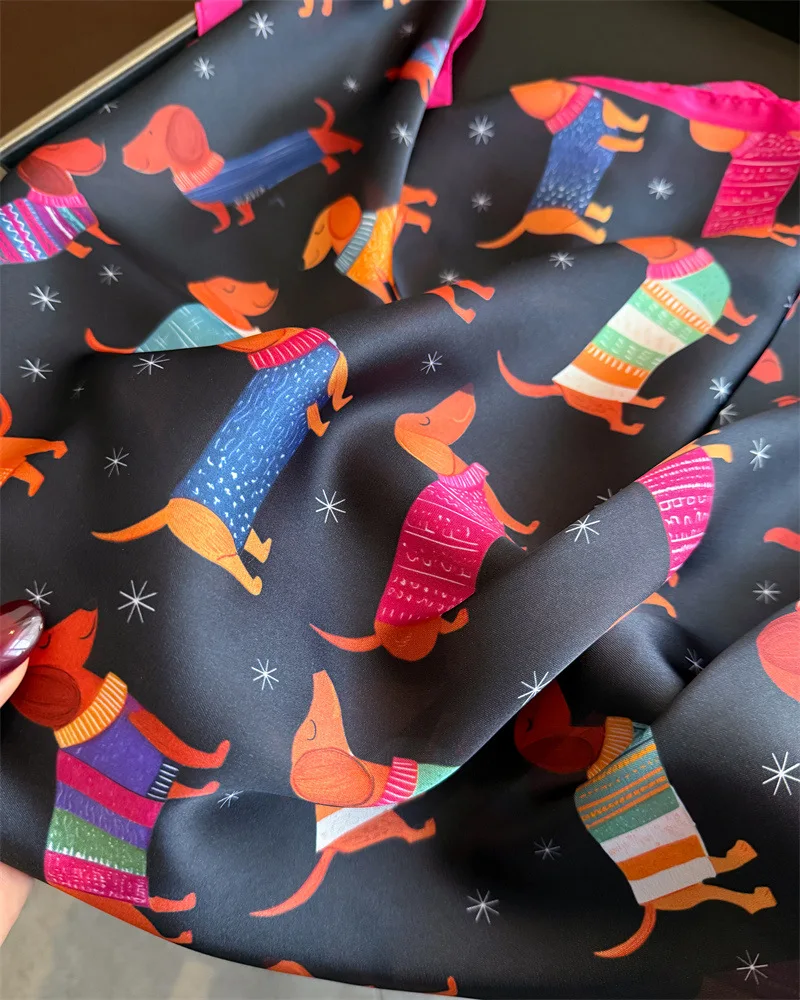 Quadratischer Seidenschal mit süßem Hundemuster für Damen, Hijab, Haarbänder, Halstuch, weiblicher Satin-Schal, Band, Stirnband, modische Wickel, Bandana – Detail 9