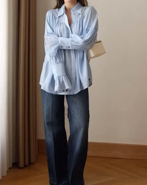 Fashionable style collar, flared sleeves, pleated loose long sleeved shirt top for spring/summer 2025 women's clothing