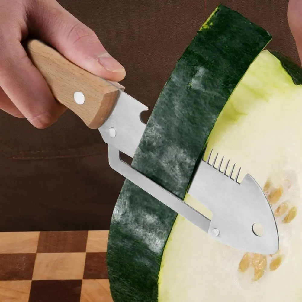 2 Piece Fish Head Shape 3 in 1 Vegetable Peeler Non-slip Ergonomic Wood Handle Bottle Opener Stainless Steel Scallion Slicer