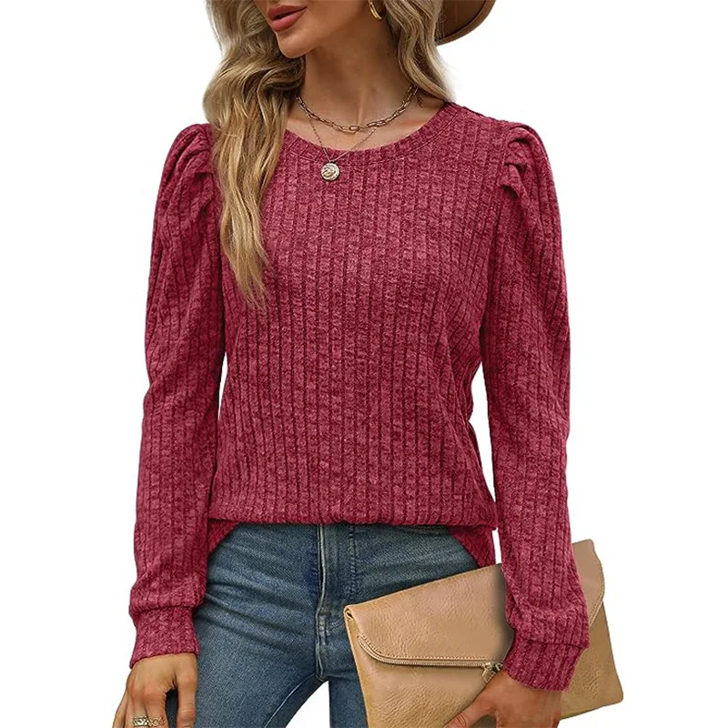 New Women's Fashionable Round Neck Bubble Sleeve Waist Cinched Top Loose Pullover Knitted Sweater