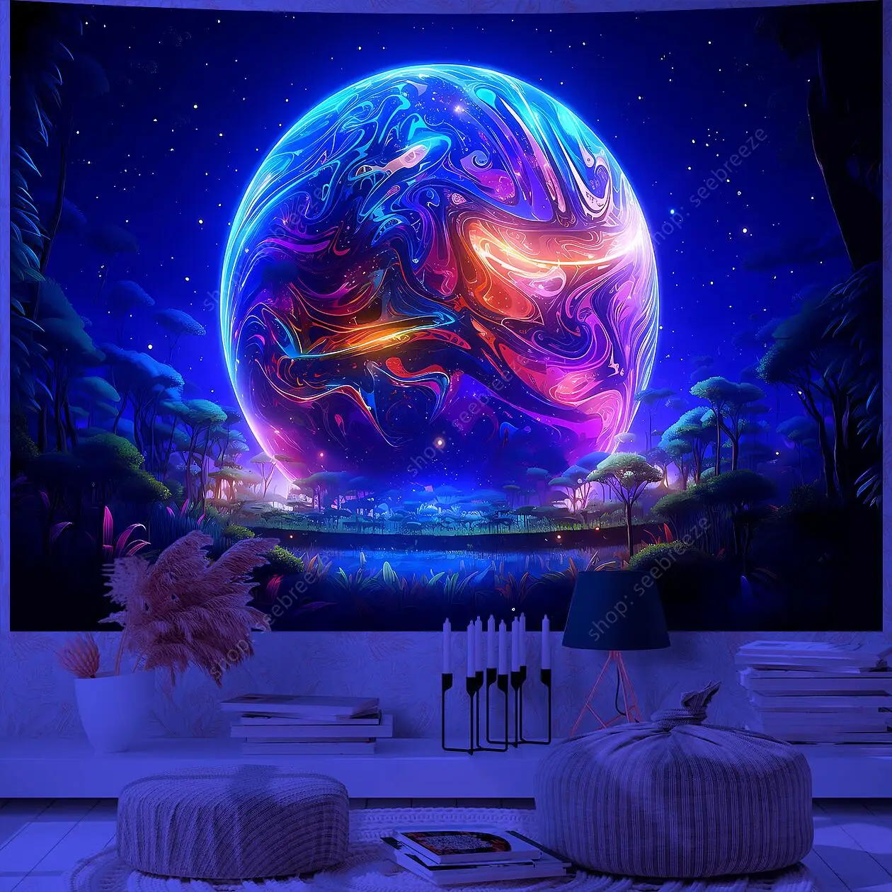 

Галактика космический пейзаж УФ-реактивный гобелен Trippy Planet Mountain River неоновые художественные настенные гобелены для спальни, общежития, декор для вечеринки