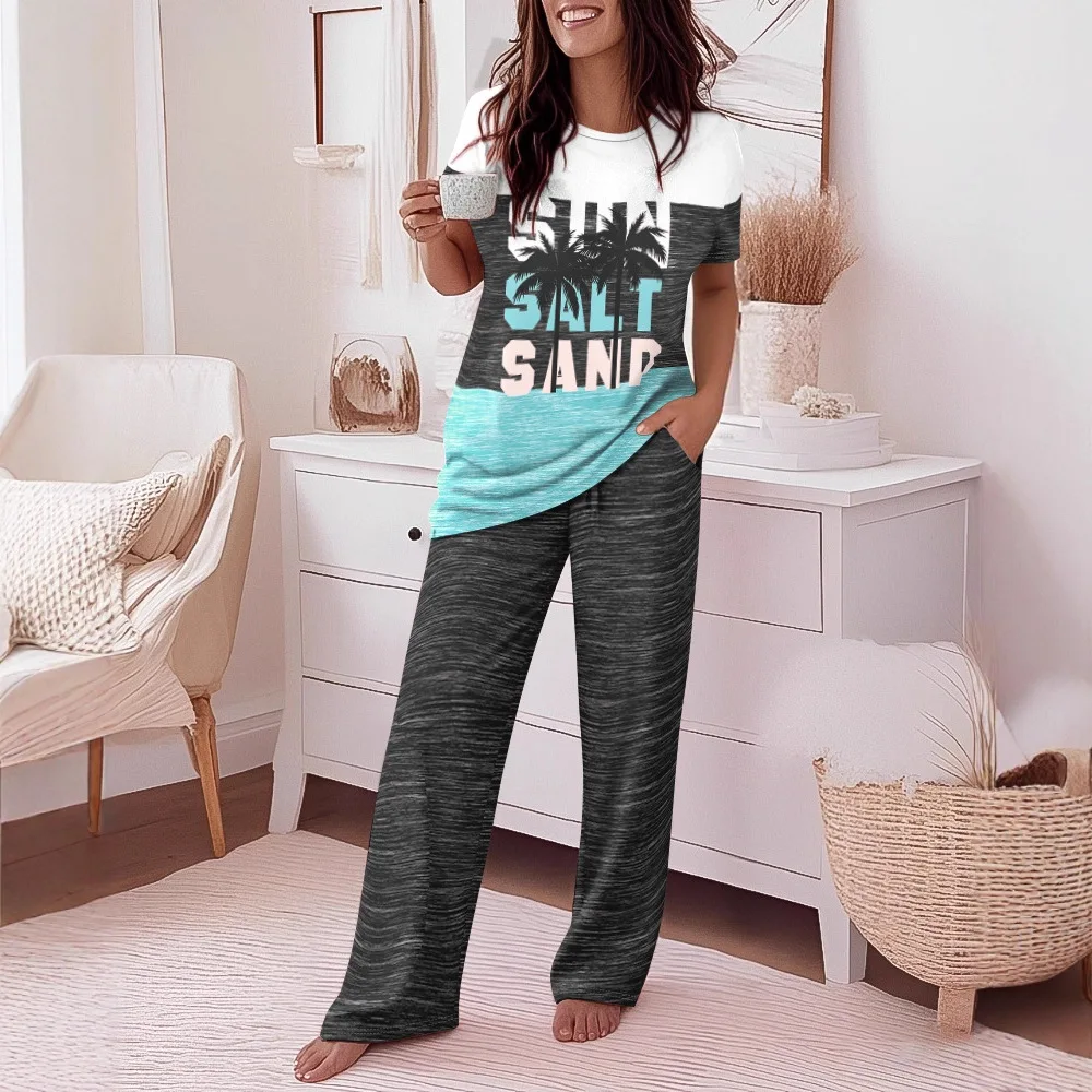 

Women Printed Short-Sleeved Top & Pants Two-Piece Set Pockets Summer Beach Holiday