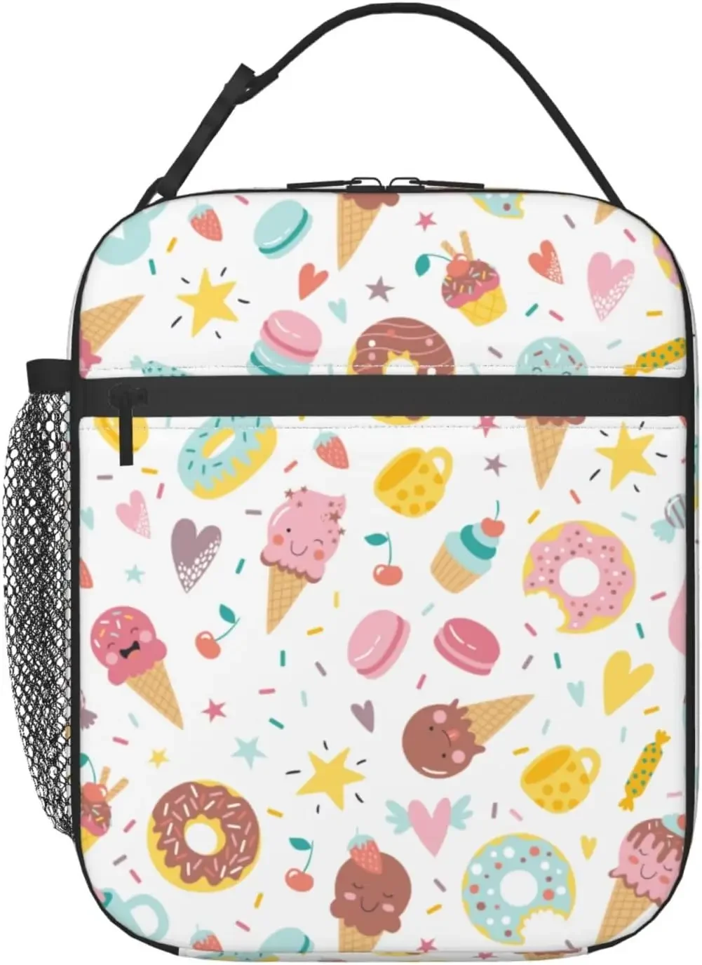 Cute Funny Donut Lunch Bag Insulated Reusable Portable Cooler Lunch Tote Bag with Side Pocket For Women Men Work Picnic