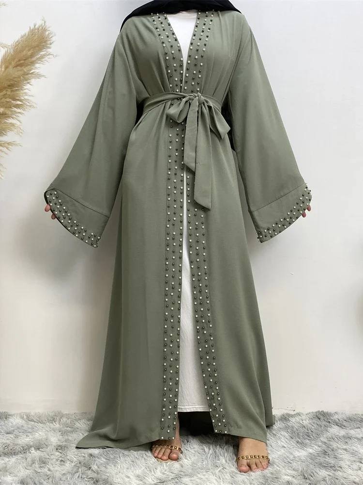 Eid Beading Muslim Dress Women Abaya Ramadan Cardigan Morocco Party Dress Lace-up Maxi Abayas Kaftan Islam Arabic Long Robe 2024