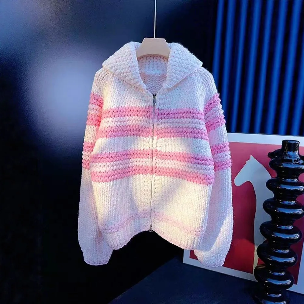 

Loose Fit Korean Sle Women's Zipper Ne Sweater Jaet Autumn Winter Striped Casual Outerwear Online Exclusive Nylon