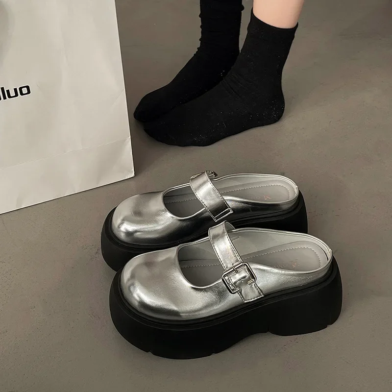 

Platform Mules Shoes Women Slingback Slippers Shoe Spring Autumn New Casual Walking Chunky High Heels Buckle Ladies Half Slipper