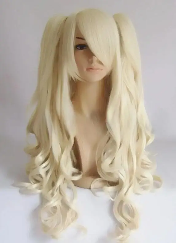 free shipping lolita cosplay wig pale blonde Curly hair high temperature wire + 2 Ponytail