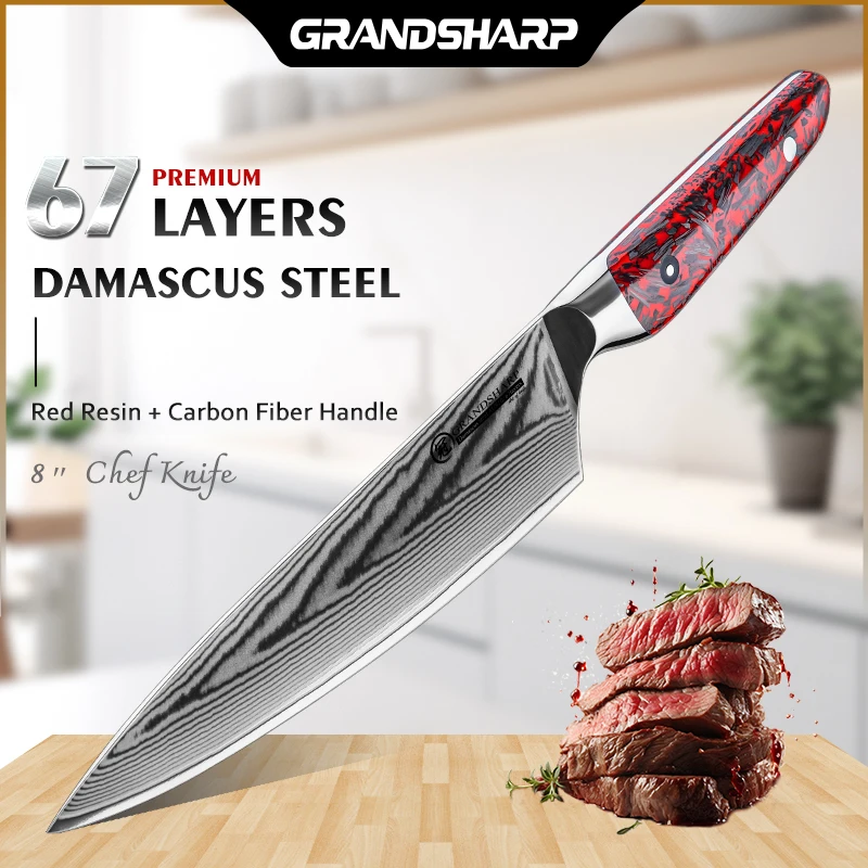 

Grandsharp 8" Chef Knife Japanese 67 Layers Damascus Steel Kitchen Knife Red Resin + Carbon Fiber Handle Cleaver Cutlery Cutter