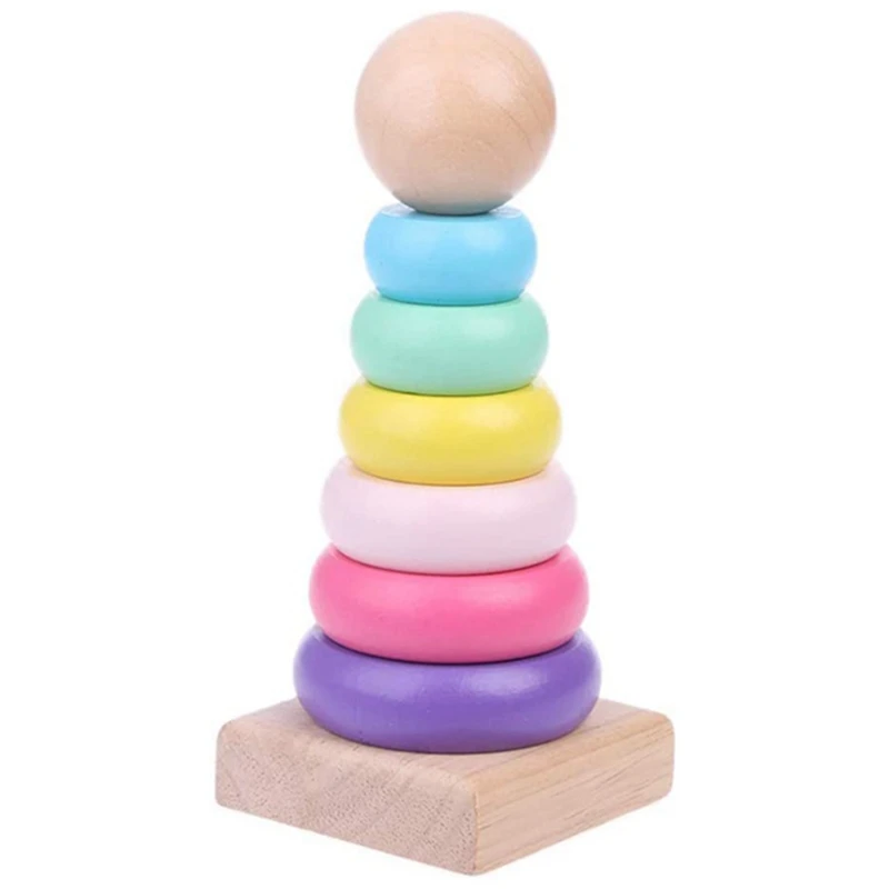 Rainbow Stacking Ring Tower Staple Ring Blocks Baby Gift Toys Early Teaching Aids Wood Toddler Baby Toy