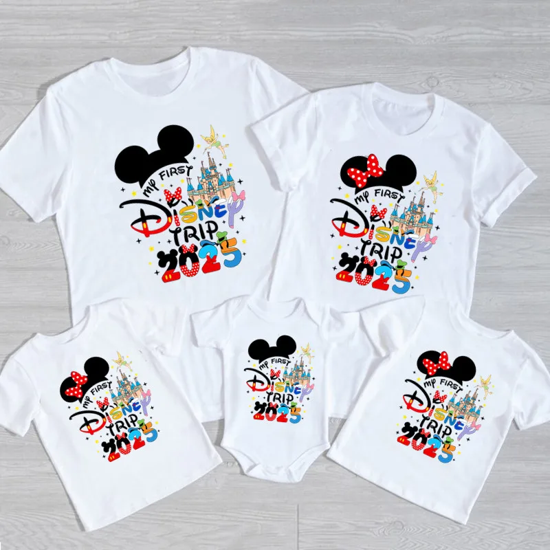 Funny My First Disney Trip 2025 Family Matching Outfits Father Mother Kids Matching Tshirt Vacation Look