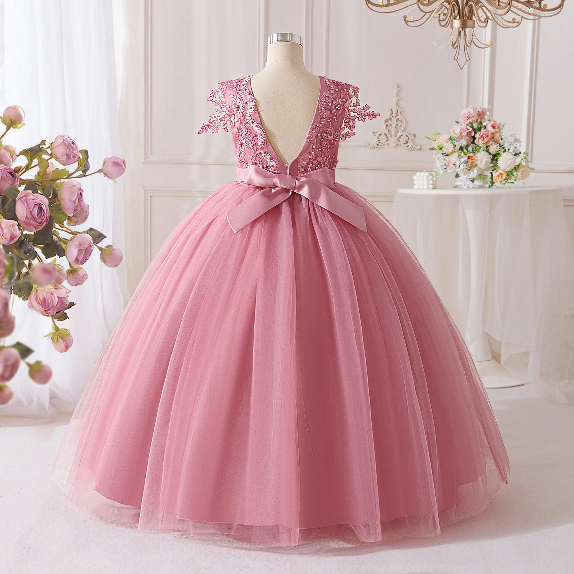 Fashion Flower Bridesmaids Girls Dress Elegant Tulle Wedding Party Princess Prom Dresses For Girl Bow Birthday Evening Costumes