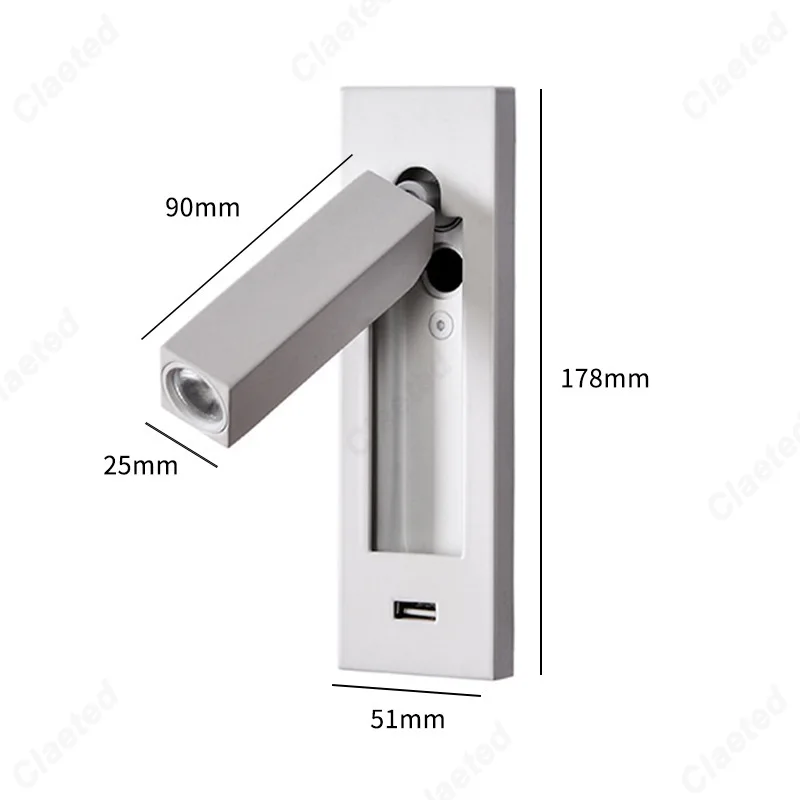 New Embedded LED Reading Wall Lamp with Switch Adjustable Angle Bedroom Bedside Advanced Sense USB Rechargeable Lighting Lamps