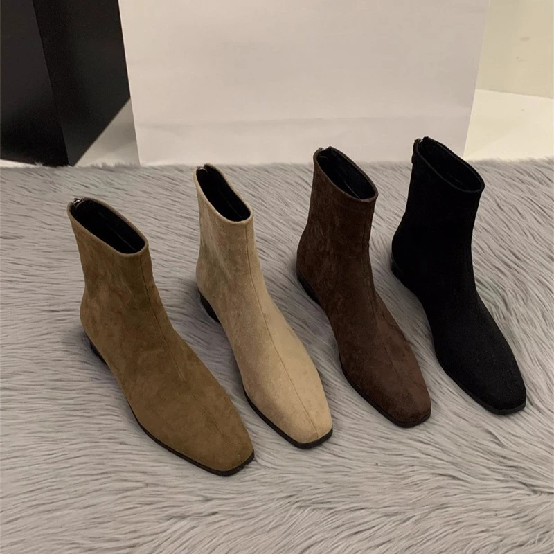

Autumn Winter Women Ankle Boots Low Heels Zipper Shoes Fashion Square Toe Comfortable Botas Zapatos De Mujer