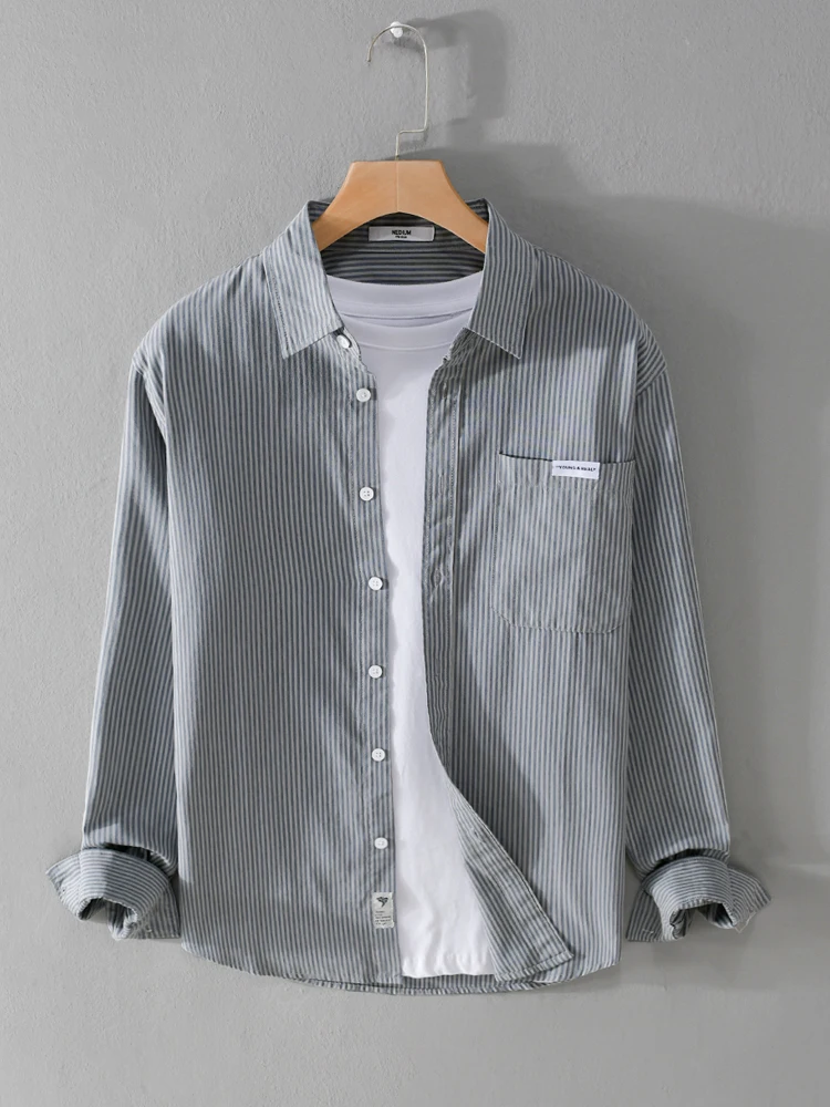 

Casual Stripe Long Sve irt Youth Loose Fit Iron Free Spring Autumn Japanese Sle Men's Faionable Artistic Versatile S...