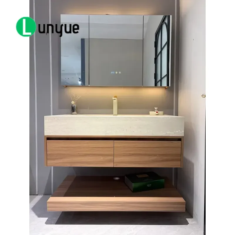Modern Wall Mounted Plywood Bathroom Sink Integrated Calcined Stone Basin Custom Size Cabinet With Drawers Storage Vanity