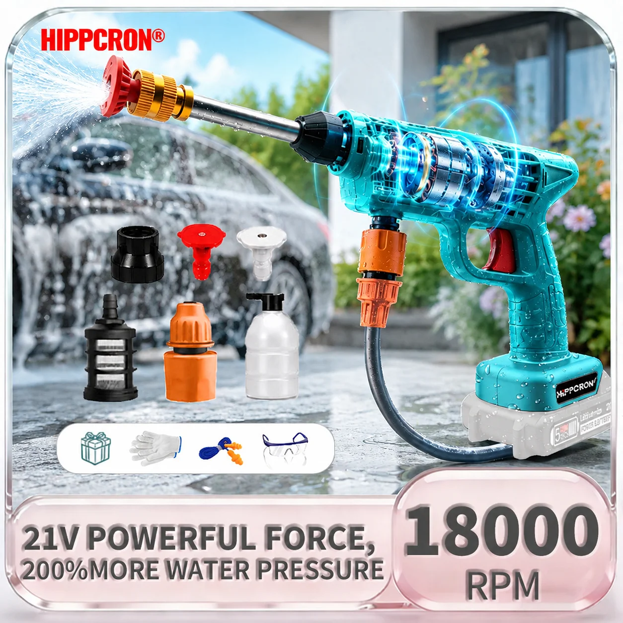 HIPPCRON 6 in 1 High Pressure Electric Car Washer Water Gun 126W 65BAR 18000RPM Portable 21V Tool For Makita 18V No Battery
